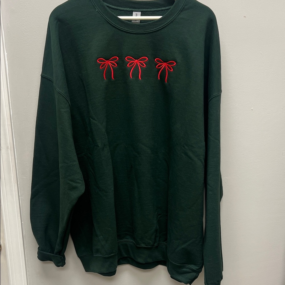 Gildan Dark Green Crewneck Sweater with Red Bow Accents